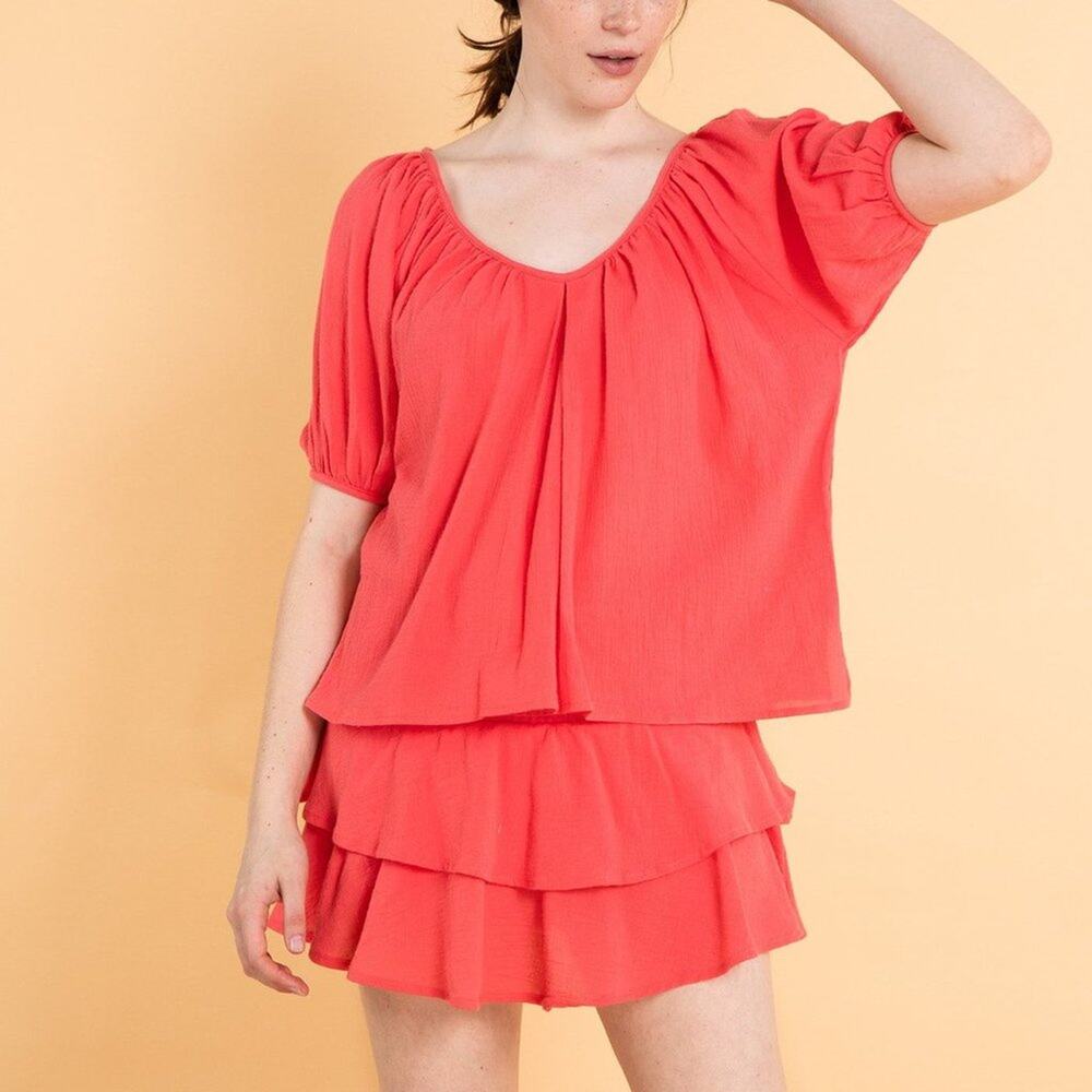 Yana K Mini Skirt Skort 100% Cotton Tiered Coral Size Medium NEW